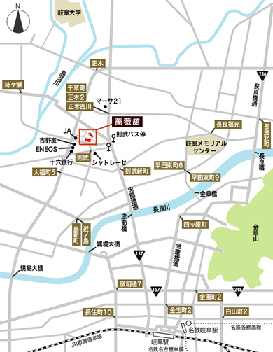 岐阜駅から薔薇舘への広域マップ